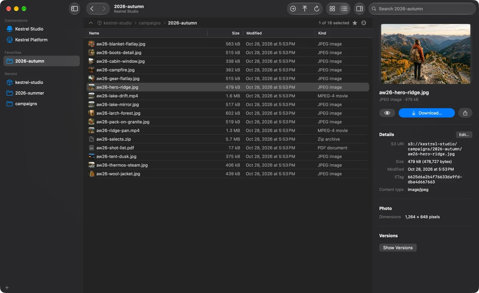 List view of the same folder with name, size, modified and kind columns, a selected photo and the Info panel.