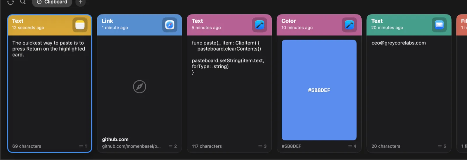 Pesty clipboard strip with copied-content cards and pinboard navigation.