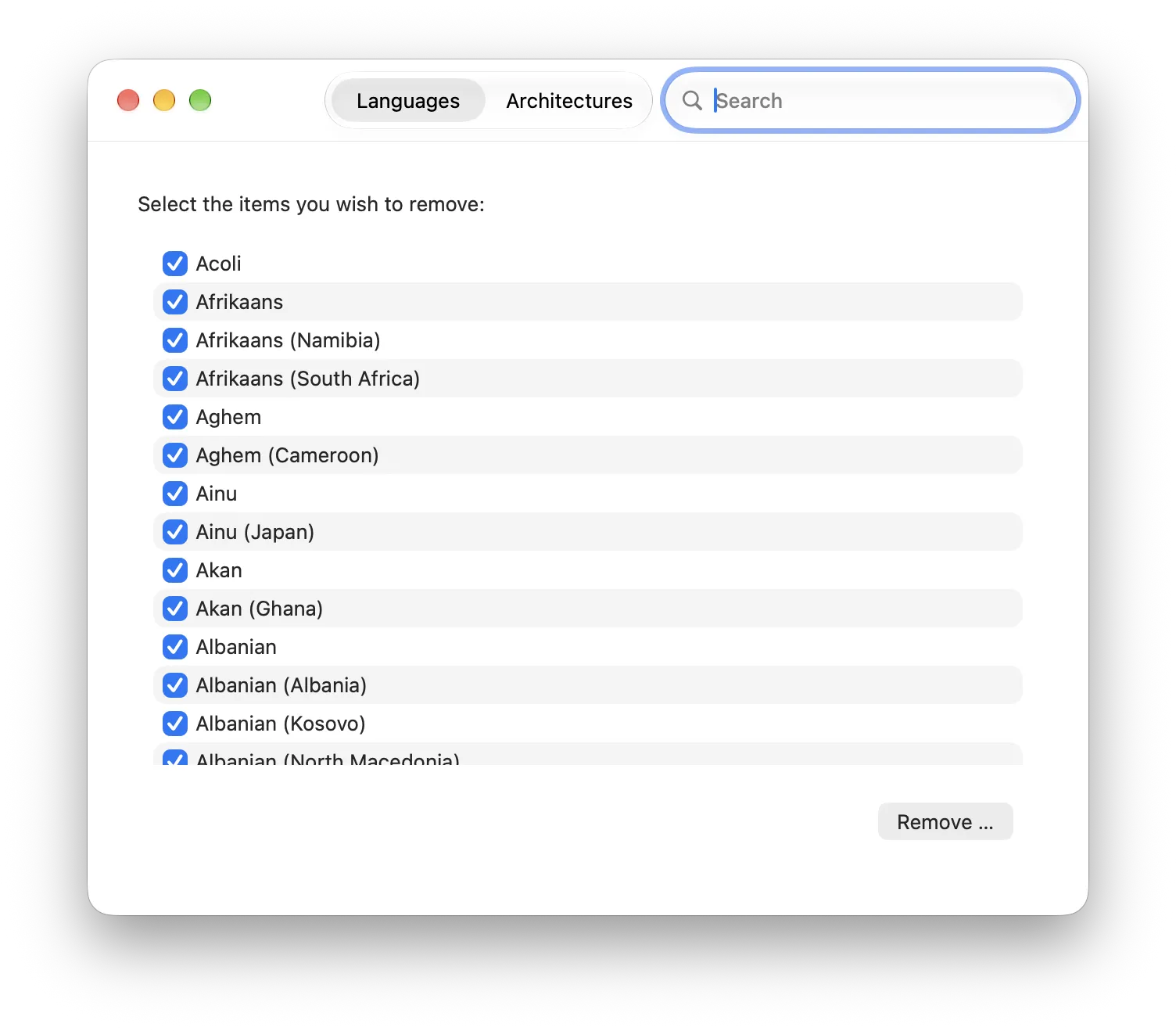 Monolingual main window listing languages available for removal.