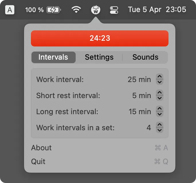 TomatoBar menu showing a focus timer and controls for work and rest intervals.