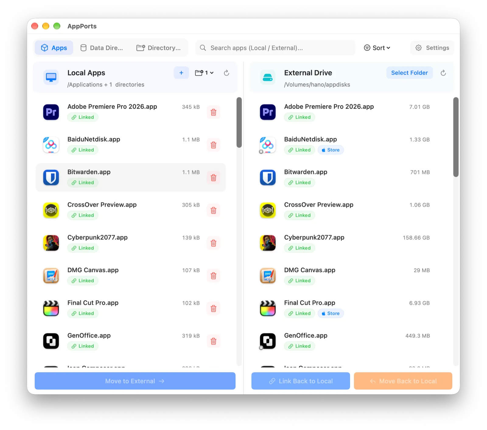 AppPorts interface showing applications and migration controls for external storage.