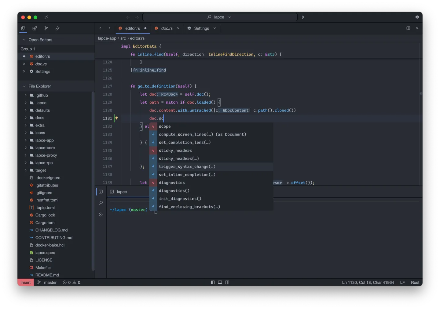 Lapce on macOS showing a Rust project, code completion, file navigation, and an integrated terminal.
