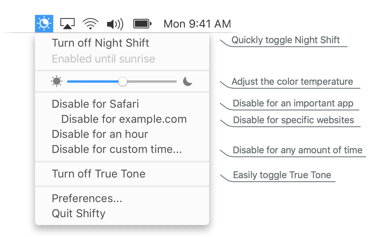 Shifty menu with Night Shift controls and a color-temperature slider.