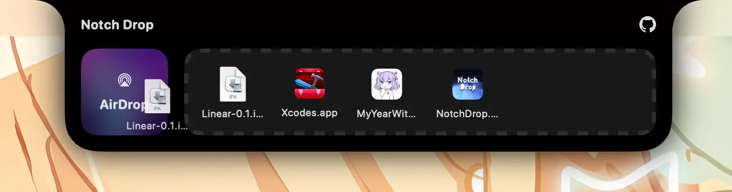 NotchDrop file shelf expanded beneath the MacBook notch.