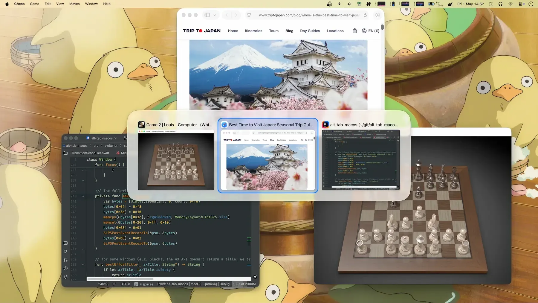 AltTab window switcher showing previews of open Mac windows.