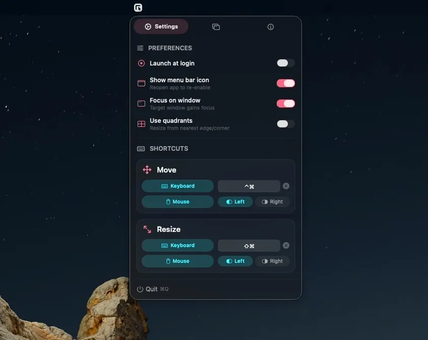 SwiftShift settings window with options for moving and resizing windows.
