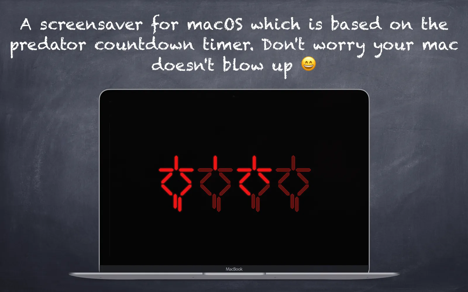 Official promotional image of the Predator screensaver showing red alien-style clock glyphs on a MacBook display.