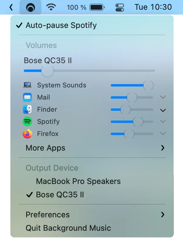Background Music menu showing per-application volume sliders and audio controls.