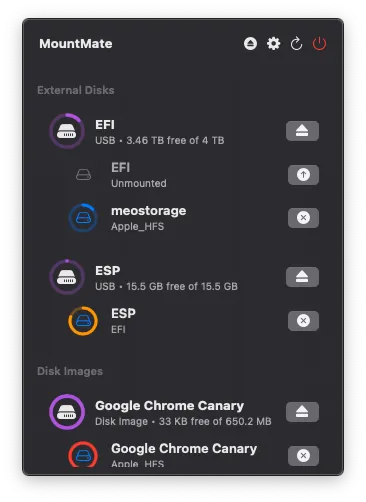 MountMate menu listing external volumes and their mounting controls.
