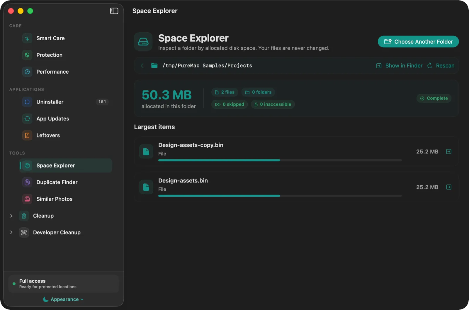 PureMac storage explorer showing space used by folders and files.