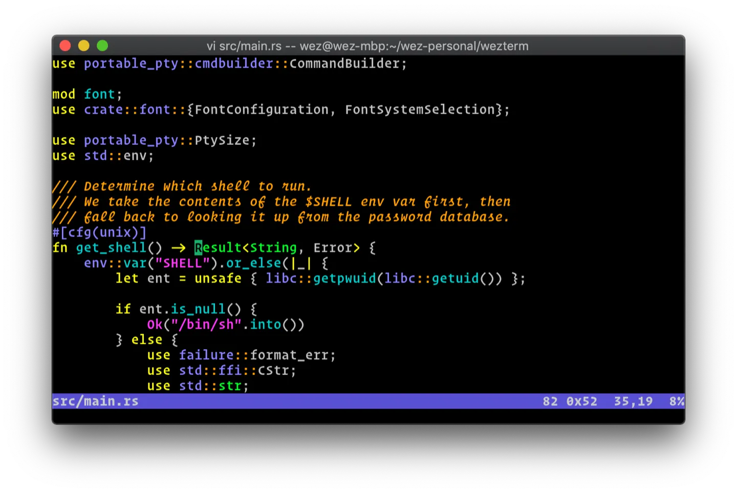 WezTerm on macOS running Vim with Rust source code and syntax highlighting.