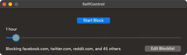 SelfControl window with the block duration slider and blocklist controls.